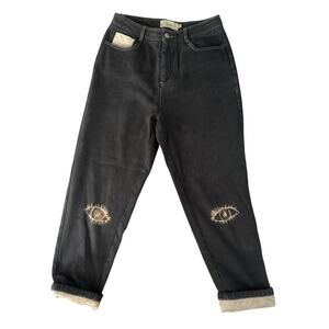 Eye Embroidered Black Pants Surrealist Festival Trousers w/ Velvet Trim Size L